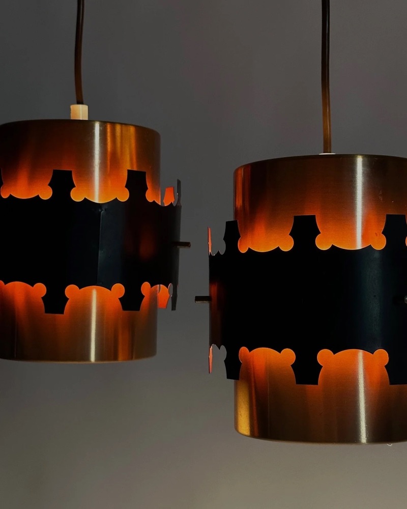 Set of two copper colored aluminum pendant lights by Coronell Electro Denmark, 1960s
